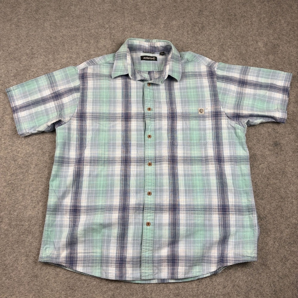Y2K Solaris Button Down Shirt Men Large Green Blue Plaid Short Sleeve Surf Beach